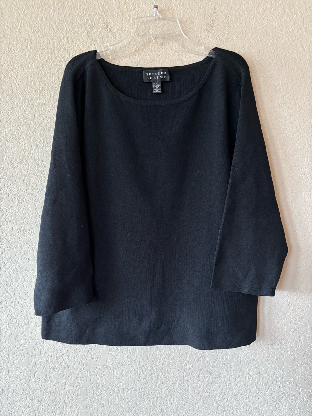 Spenser Jeremy Women's Ribbed Black 3/4 Sleeve Silk Blend Boatneck Top Black 2X